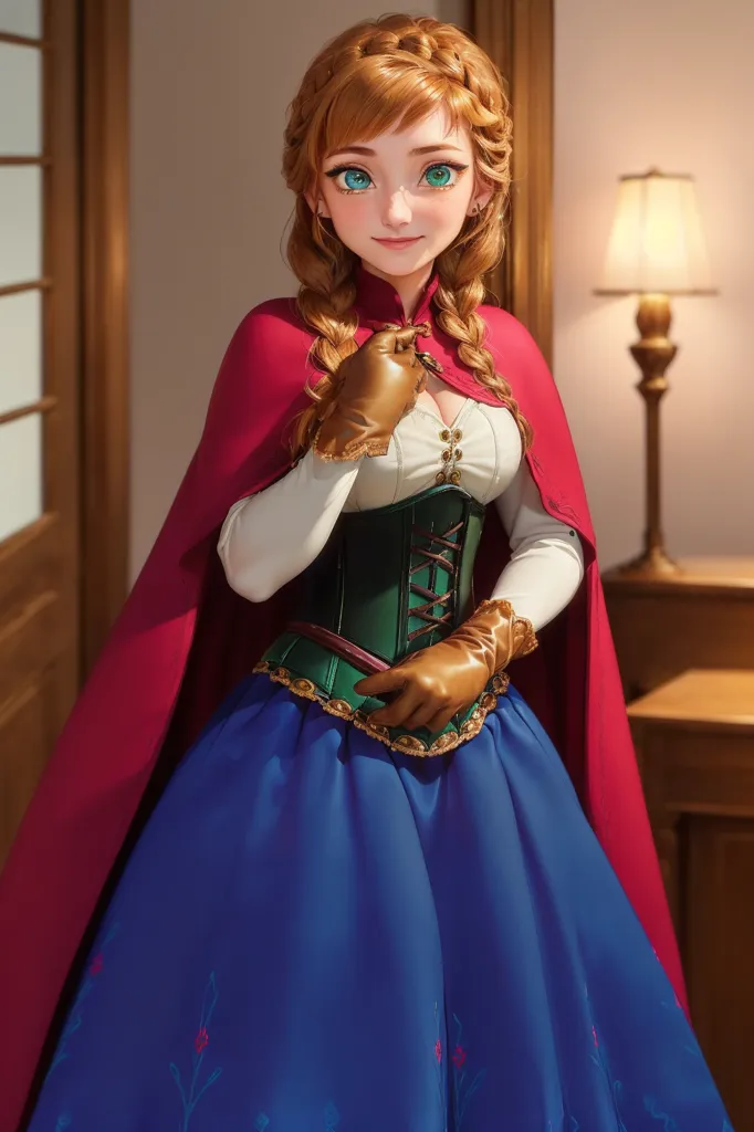 The picture shows a young woman, with waist-length reddish brown hair braided, wearing a red hooded cape. The cape is trimmed with white fur. The woman is wearing a green bodice with brown leather gloves and a blue skirt. The bodice is fastened with gold buttons. The woman has green eyes and is smiling. She is standing in a room with a wooden door and a lamp on a table.