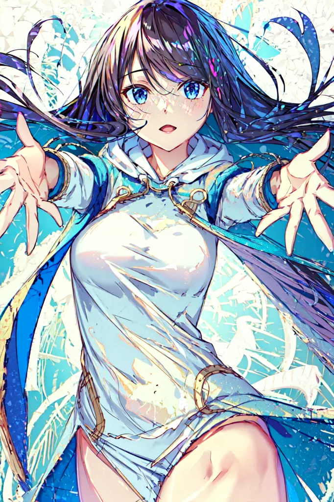 This is an image of a young woman with long dark hair and blue eyes. She is wearing a white shirt and a blue cape. She has her arms outstretched and is looking at the viewer with a happy expression on her face. The background is white with blue and green accents.