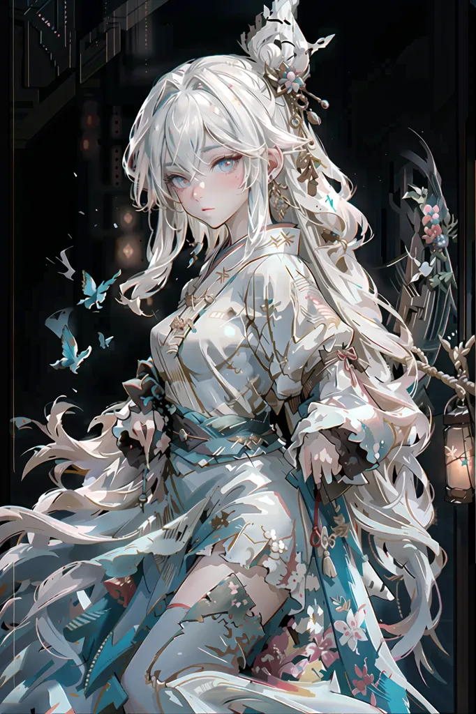 The image is a painting of a beautiful woman with long white hair and blue eyes. She is wearing a white kimono with a blue obi and has a lantern in her hand. There are butterflies flying around her and she is standing in front of a dark blue background.