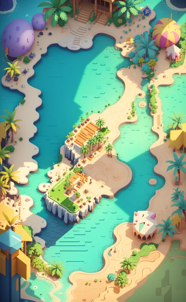 The image is a top-down view of a tropical island. The island is surrounded by water and has a sandy beach. There are palm trees, green plants, and flowers on the island. There are also some buildings on the island, including a house, a dock, and a temple. The water is a clear blue color and there are some waves crashing on the beach. The image is very colorful and has a bright, sunny atmosphere.