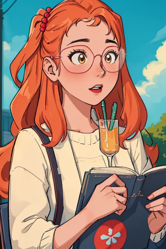 This is an illustration of a young woman with orange hair and glasses. She is wearing a white shirt and blue suspenders. She is holding a book and a glass of orange juice. She has a surprised expression on her face. The background is a blue sky with white clouds.