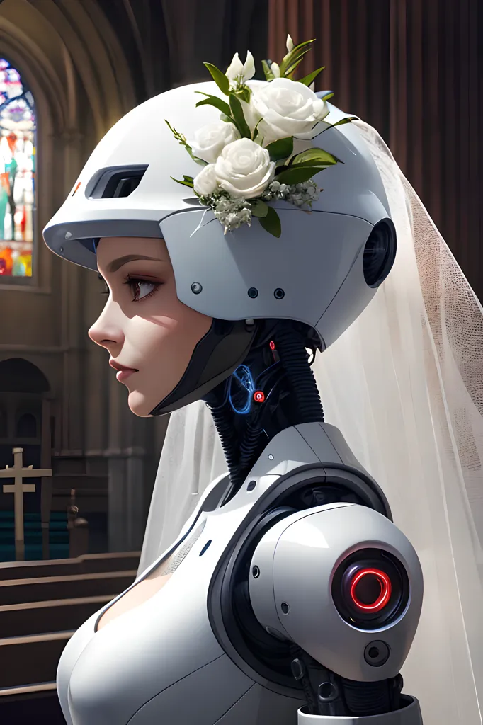 The picture shows a female robot wearing a white wedding dress and a white helmet with a veil. The robot is standing in a church. The interior of the church is decorated with stained glass windows.