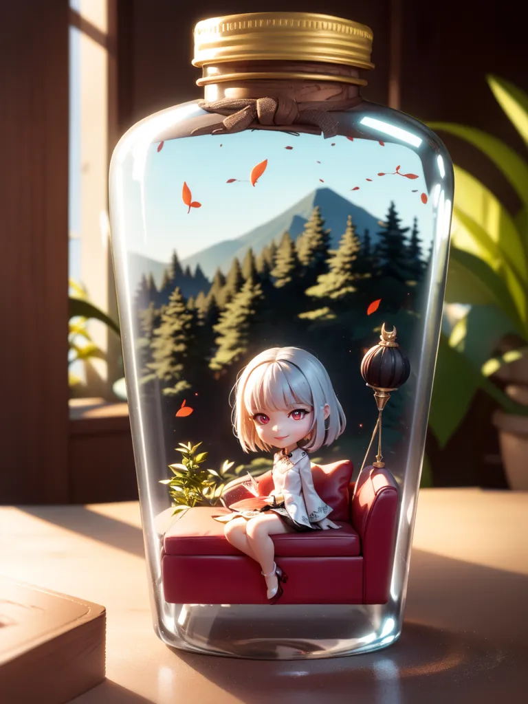 The image shows a glass jar with a cork lid. Inside the jar is a miniature forest with a small girl sitting on a red velvet chair. The girl has white hair and red eyes. She is wearing a white dress with a gray vest. She is holding a book in her hands. There is a small table next to her with a cup of tea on it. There are also some plants and trees in the forest. The jar is sitting on a wooden table. There is a plant to the right of the jar. There is a window in the background.