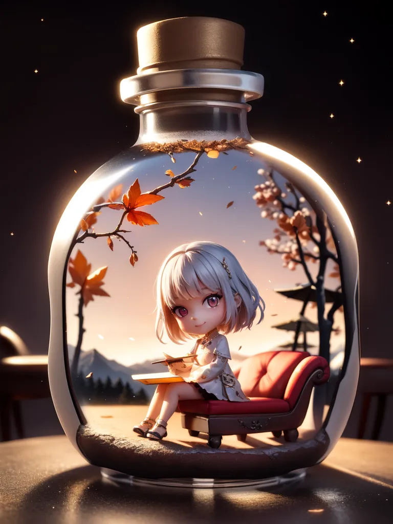 The image is a 3D rendering of a glass bottle containing a miniature world. Inside the bottle, there is a young girl with white hair and purple eyes. She is wearing a white dress and is sitting on a red velvet chair. The girl is writing in a book with a quill pen. There is a small tree next to her with red and orange leaves. The bottle is sitting on a wooden table. There is a starry night sky in the background.