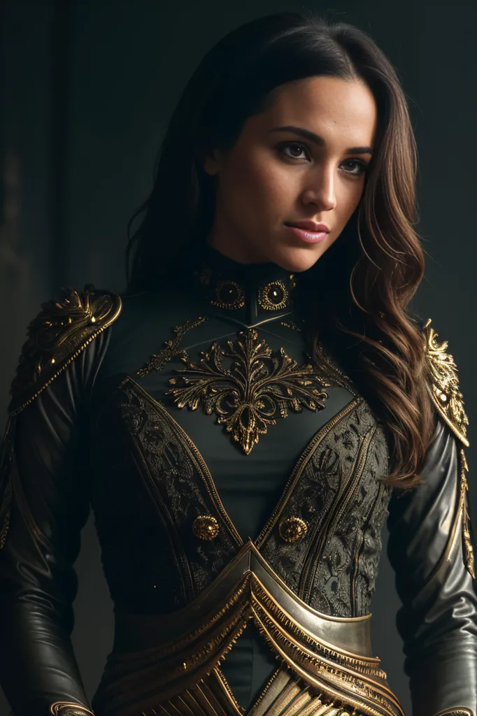 This is an image of a young woman, probably in her late teens or early twenties. She has long, dark, wavy hair and light brown eyes. She is wearing a black leather bodice with gold-colored metal accents. The bodice is decorated with intricate designs and has a high collar. She is also wearing a gold-colored metal belt and has a sword at her side. She looks like a warrior or a member of the royal guard.