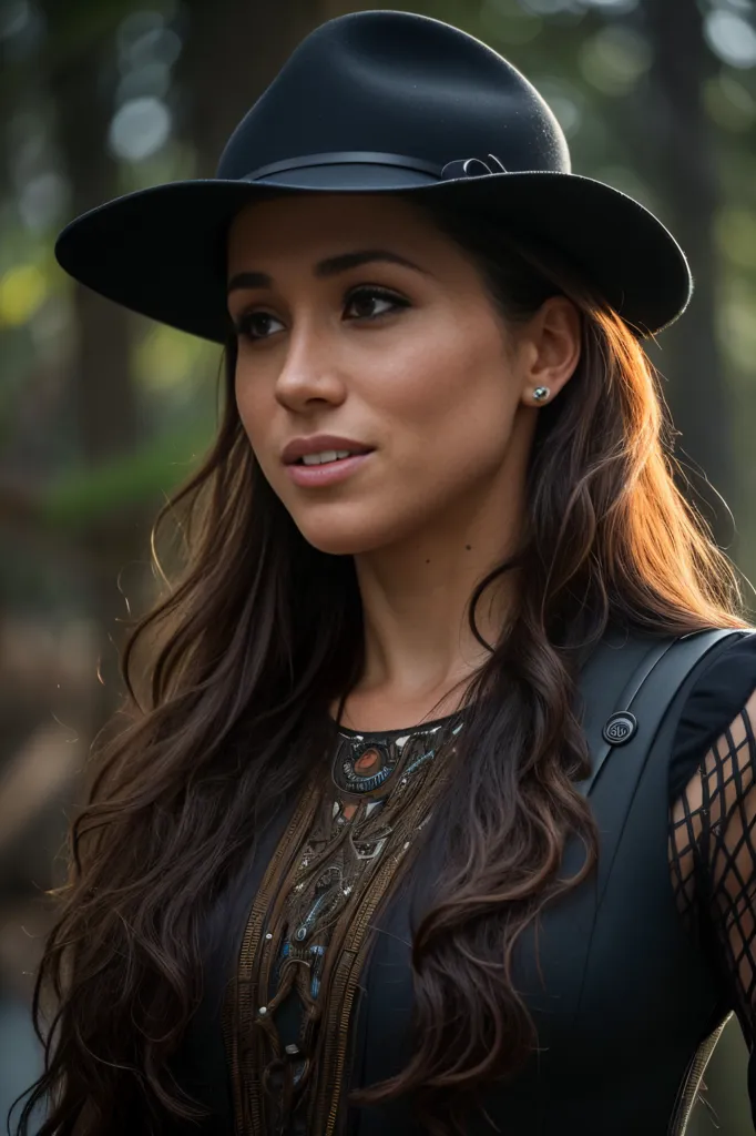 Cette image montre une jeune femme, probablement dans la vingtaine, aux longs cheveux bruns foncés ondulés. Elle porte un chapeau noir et un gilet en cuir noir avec un bouton argenté. Le gilet a un haut en dentelle noire transparente. Elle porte également un collier marron et argent. Son maquillage est naturel, avec un œil légèrement fumé et une lèvre nude. Elle regarde vers la droite du cadre, qui est légèrement en angle.