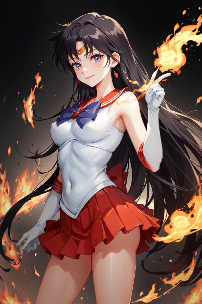 The image is of a young woman with long black hair wearing a red and white sailor-style outfit. She has a red bow on her chest and a white glove on her right hand. She is standing with her left hand raised and her right hand pointing downward, and there are flames surrounding her.