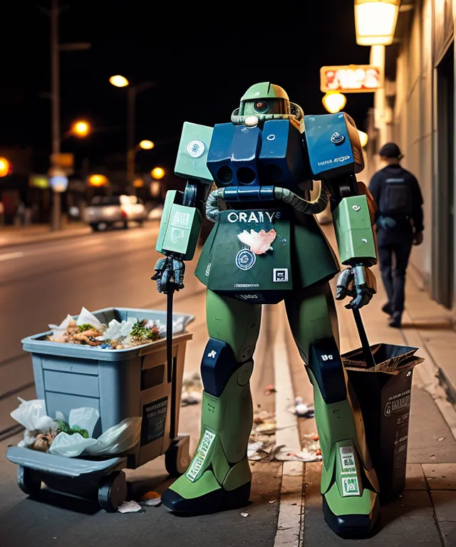 The image shows a green and blue robot from the anime series Gundam. It is standing in an alleyway, holding a trash can in one hand and a broom in the other. The robot is surrounded by trash. There is a person in the background.