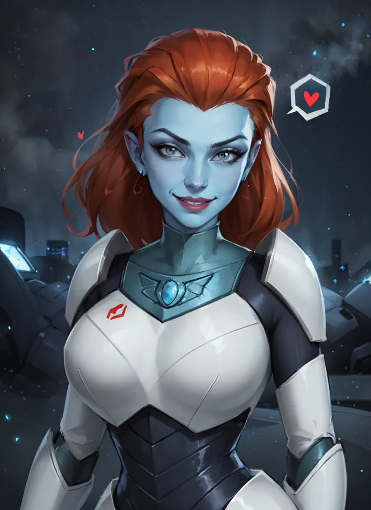 The image shows a beautiful woman with red hair and blue skin. She is wearing a white and gray bodysuit with a red heart on her chest. She has a friendly smile on her face and is looking at the viewer. There are hearts floating around her head. In the background, there is a dark blue sky with a city in the distance.