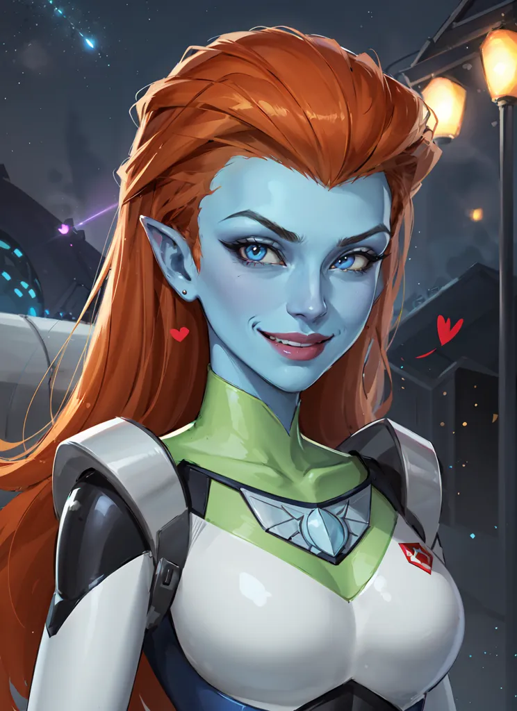 The picture shows a beautiful woman with orange hair and blue skin. She is wearing a white and green outfit. The woman has a friendly smile on her face, and there are two small hearts floating next to her head. In the background, there is a city with lights.