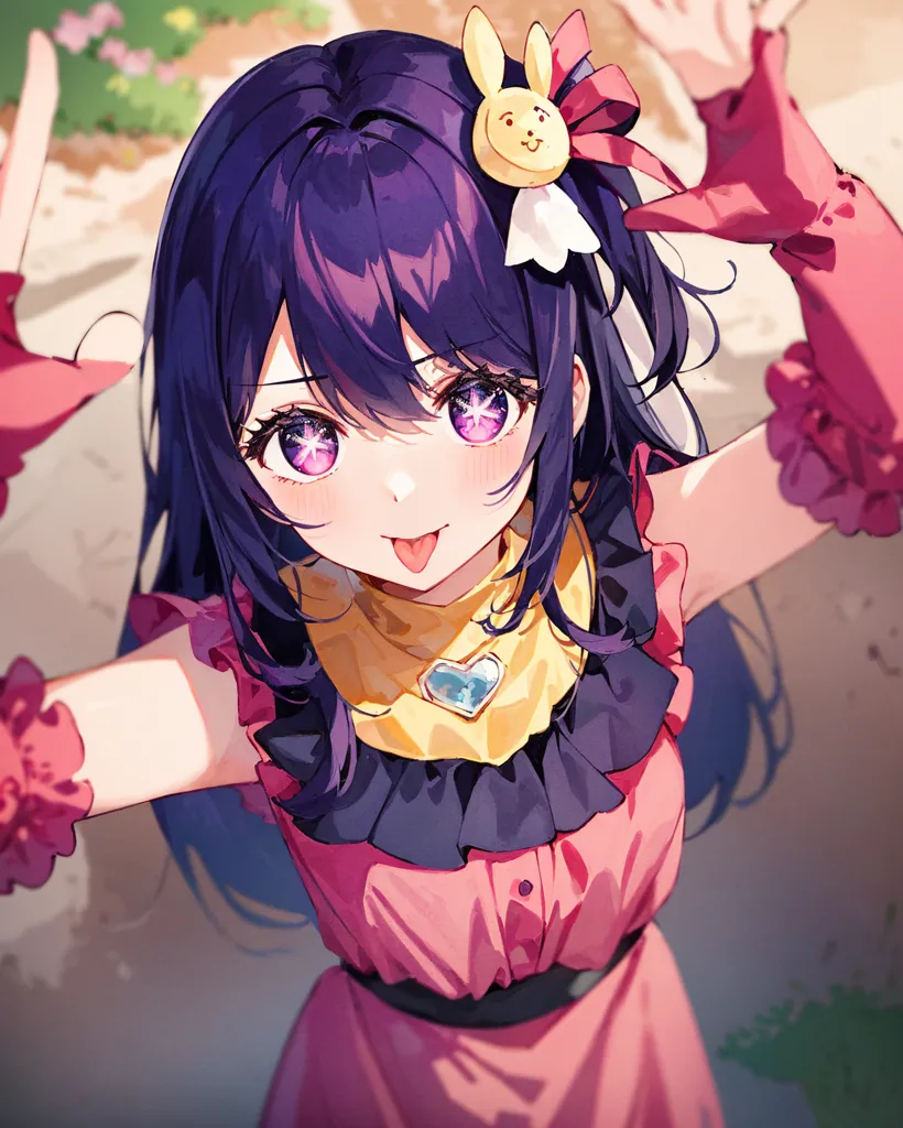 The image is of an anime girl with purple hair and purple eyes. She is wearing a pink dress with a white collar and a yellow bow. She has a bunny hairpin on her left ear. She is sticking her tongue out and has her hands in the air. She is standing in a grassy field with a road in the background.