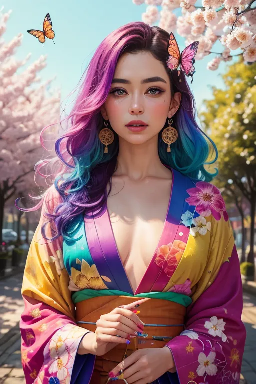 The image contains a young woman wearing a kimono. The kimono is yellow with pink and purple floral designs. The woman has long purple, blue, and green hair. There are also butterflies in her hair. The woman is standing in a garden with cherry blossoms. There are two butterflies flying near her. The background is blurry, but it looks like there are trees and a blue sky. The woman is looking at the camera and smiling.