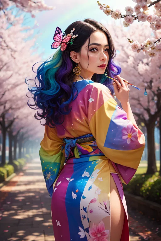 The image contains an Asian woman wearing a colorful kimono with a butterfly in her hair. She is standing in a park with cherry blossoms. The background is blurred, and the woman is in the foreground. She is holding a paintbrush in her right hand.