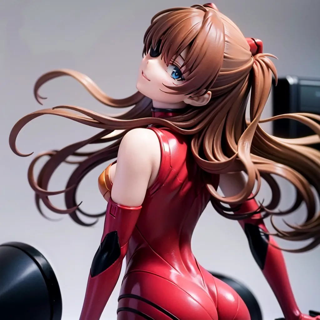 A imagem mostra uma figura de Asuka Langley Soryu da série de anime Neon Genesis Evangelion. Ela está usando seu plugsuit vermelho e tem o cabelo preso em um rabo de cavalo. Ela está em uma pose dinâmica, com a mão esquerda na cintura e a mão direita estendida para a frente. Seus olhos estão estreitados em uma expressão determinada. A figura é feita de PVC e está em escala aproximada de 1/7. Ela está montada em uma base preta.