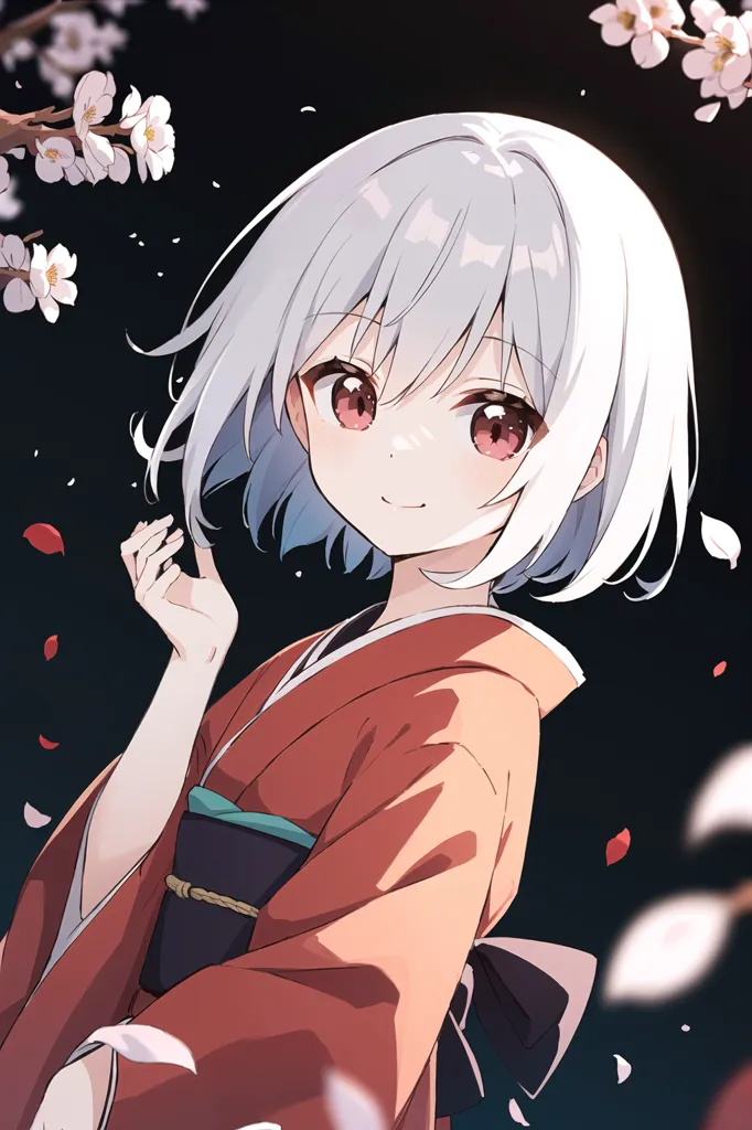 The image is of a young girl with mid-length white hair and red eyes. She is wearing a red kimono with a white obi and has a gentle smile on her face. She is standing in front of a dark blue background with white cherry blossoms falling around her.