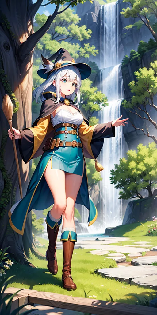 The image is of a young woman, with mid-thigh white hair, wearing a witch's hat and outfit. The outfit is primarily blue and yellow, with a white undershirt. She is carrying a staff in her right hand and has her left hand outstretched. She is standing in a forest, with a waterfall in the background. There is a large tree to her right, and several smaller trees and plants around her. The ground is covered in grass and flowers. The image is drawn in an anime style.