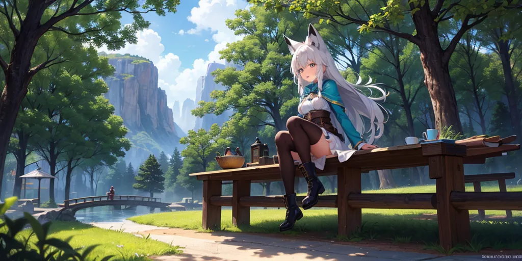 The image is of a beautiful anime girl with white hair and fox ears. She is sitting on a bench in a forest. She is wearing a white and blue outfit. The background is of a forest with a mountain in the distance. The girl is looking at the viewer with a smile on her face.