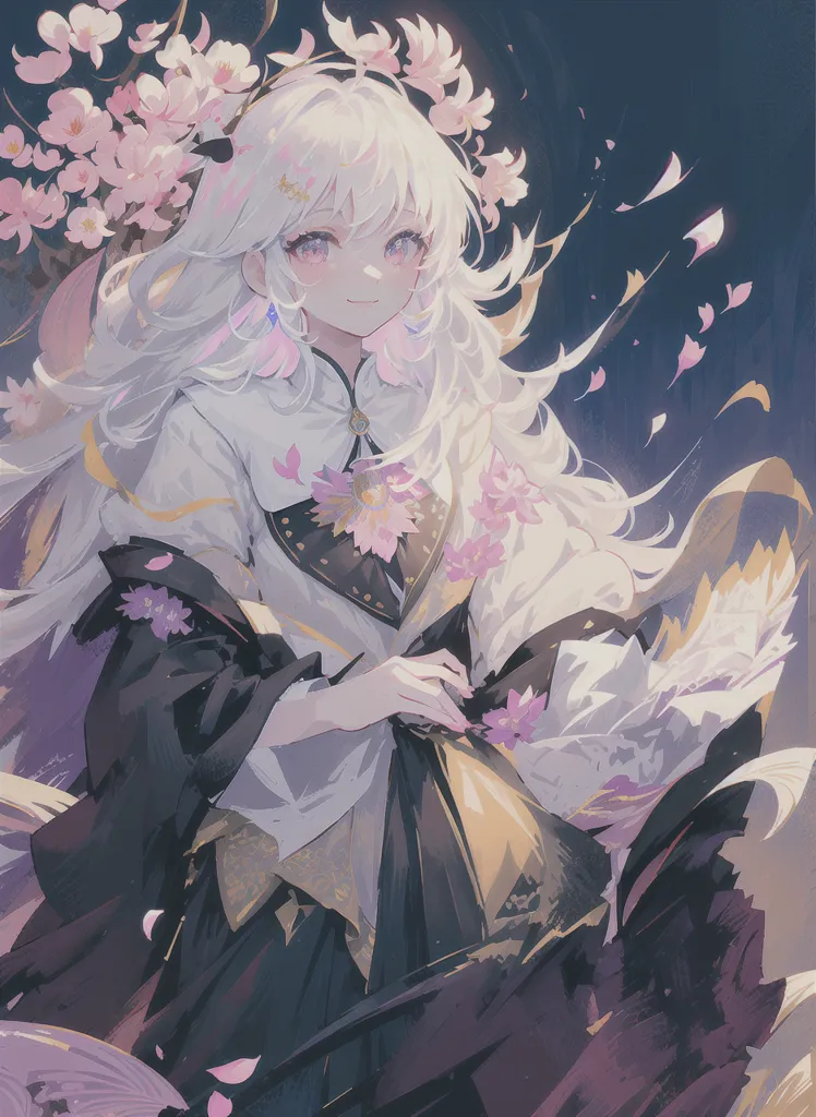 The image is a painting of a young woman with long white hair and purple eyes. She is wearing a white kimono with a black and gold obi. Her hair is decorated with pink and white flowers. She is standing in front of a dark blue background with a few white and pink flower petals falling around her.