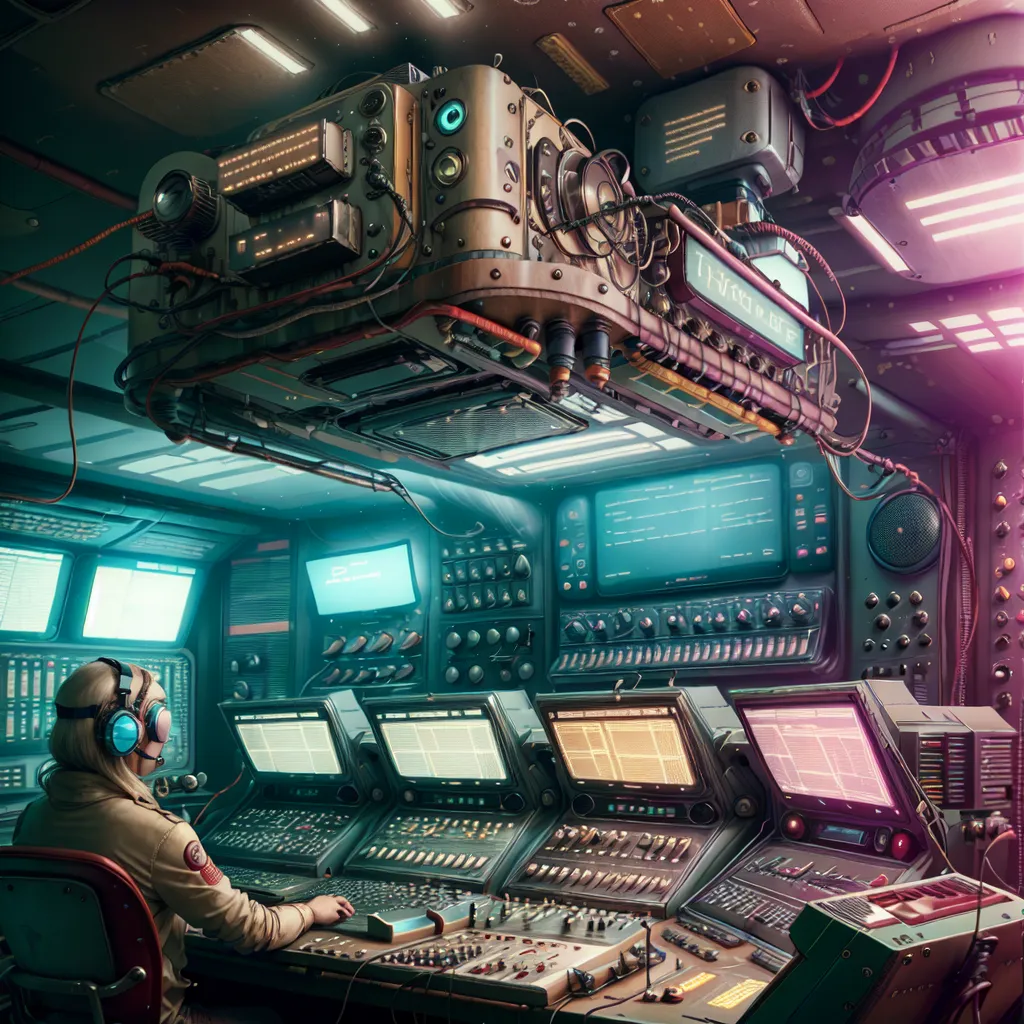 The image shows a person in a futuristic control room. The room is full of complex machinery and computer screens. The person is wearing a headset and is sitting in a chair in front of a console. They are surrounded by screens and control panels. The room is lit by bright lights.