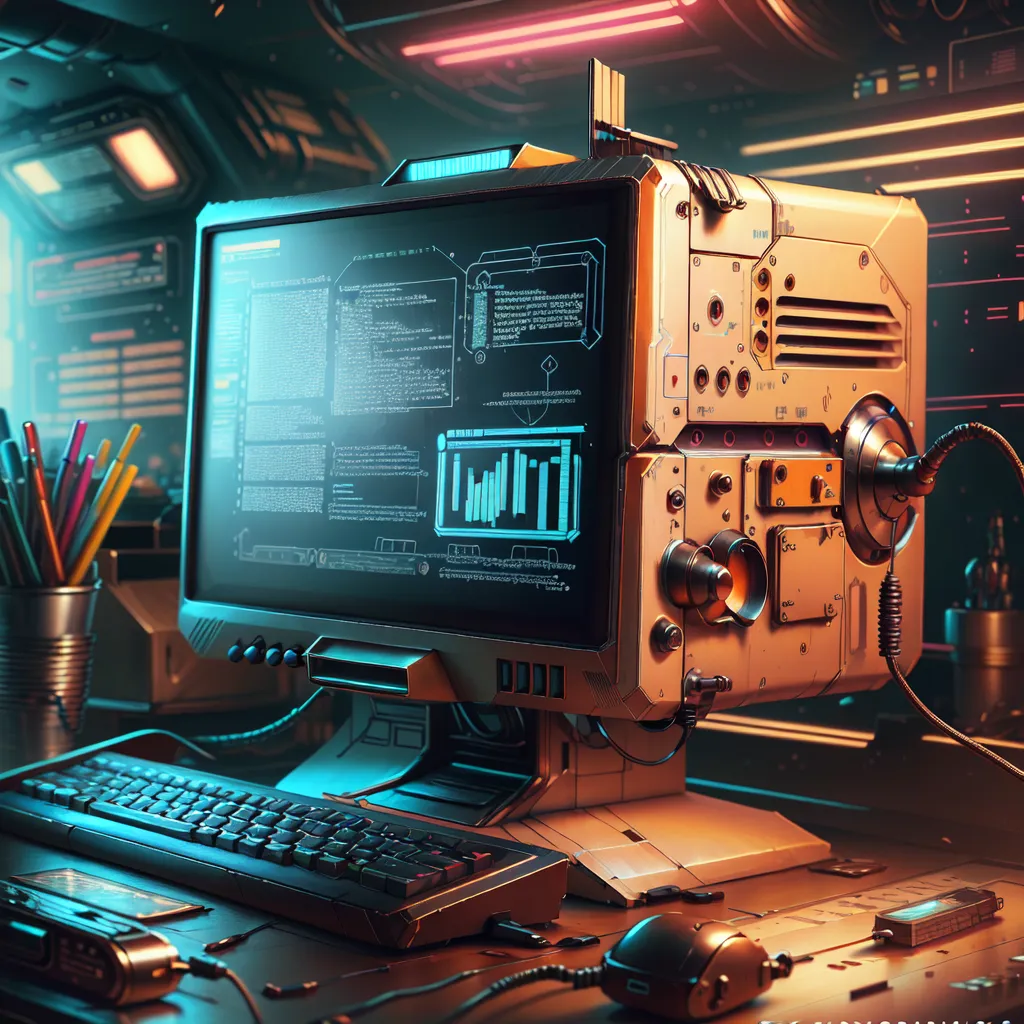 The image is a retrofuturistic computer. It has a large screen, a keyboard, and a mouse. The screen is showing a lot of data. There are some pens and a pencil on the desk. The computer is sitting on a desk. The desk is made of metal. There is a plant on the desk. The background is a blurred image of a city.