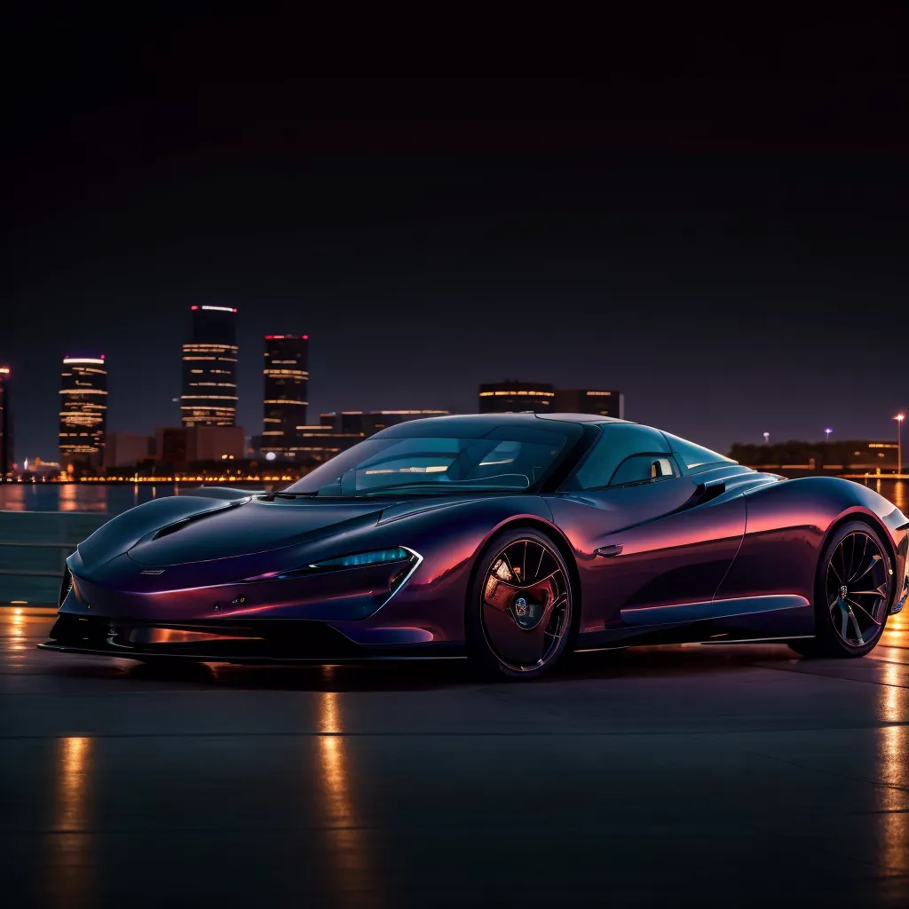 A purple sports car is parked on a pier at night. The car is sleek and futuristic, with a low profile and sharp lines. The city is in the background, with its lights reflecting off the water. The car is a McLaren Elva.