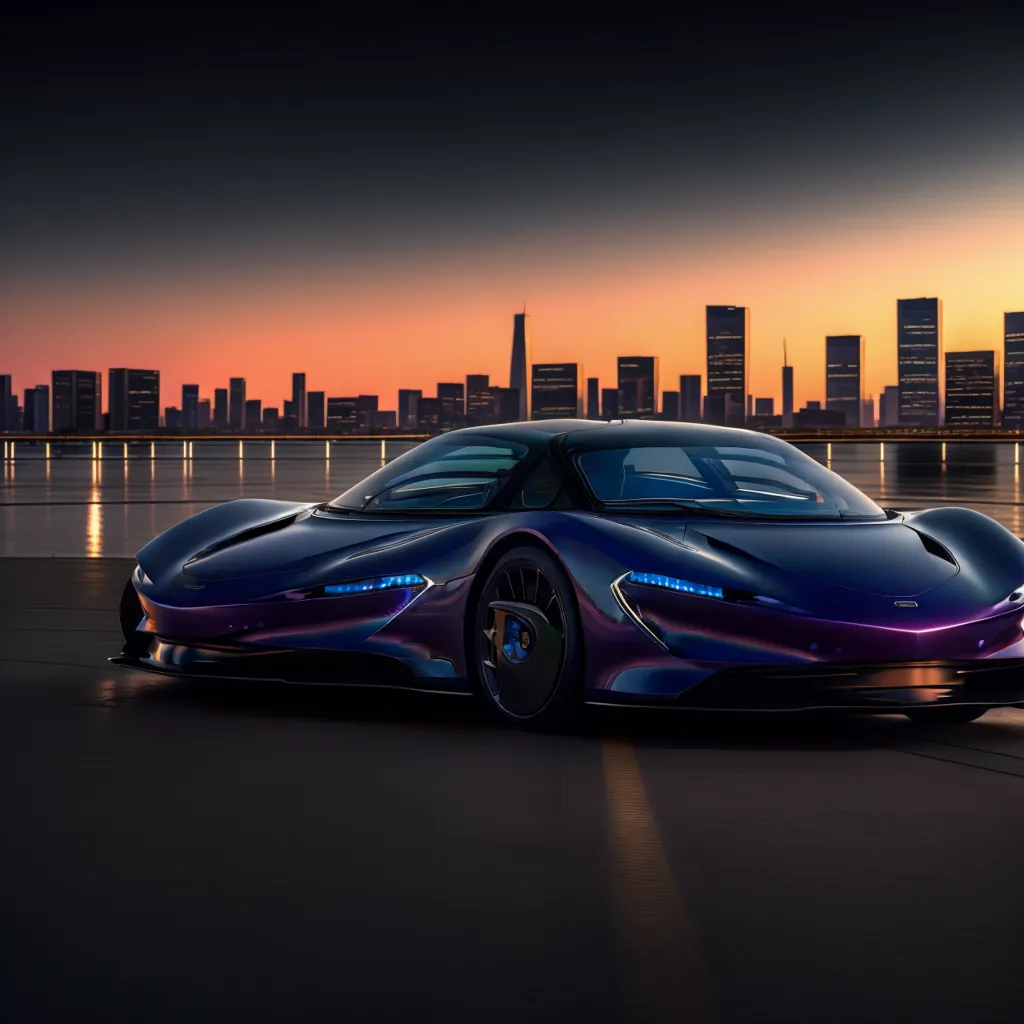 Une voiture de sport pourpre élégante est garée sur une jetée avec un paysage urbain en arrière-plan. La voiture a un design futuriste. Le ciel est un dégradé d'orange et de violet. L'eau au premier plan reflète la lumière du ciel et des lumières de la ville.