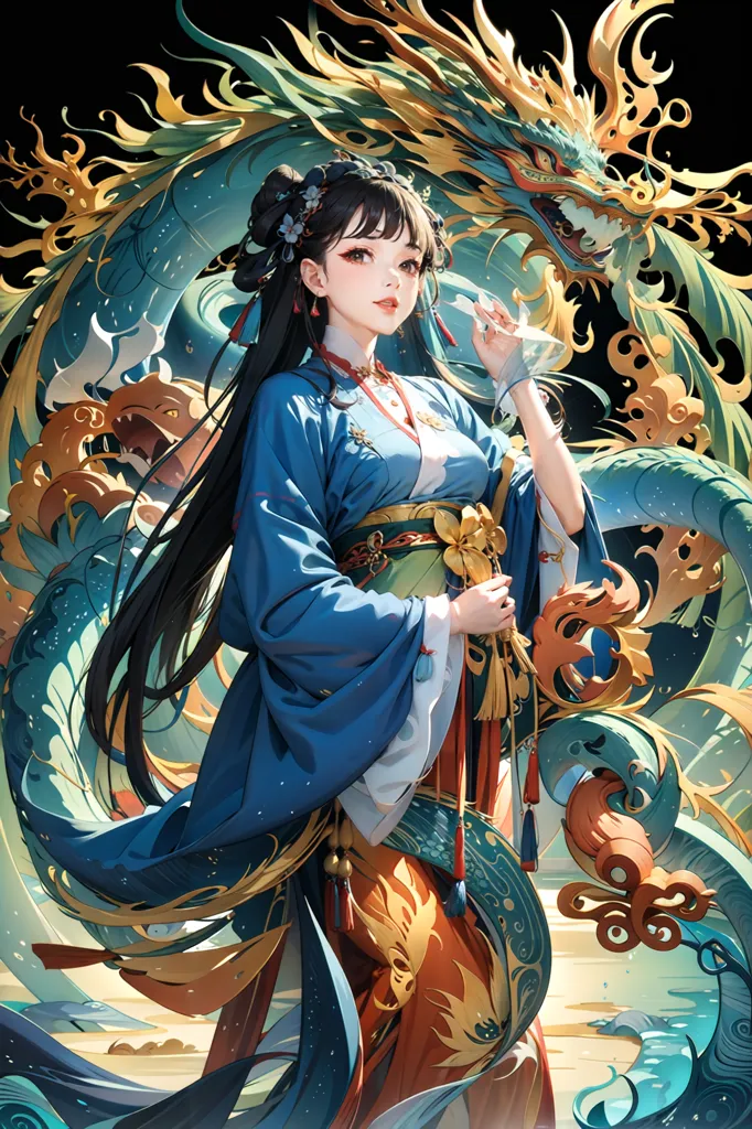 The picture shows a young woman standing in front of a blue and green dragon. The woman is wearing a blue and white dress with a red sash and has long black hair. She is holding a flute in her right hand. The dragon is coiled around her and has its head resting on her shoulder. The background is a dark blue night sky with clouds.