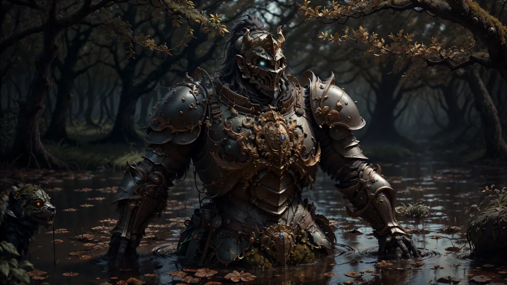 The image is a dark fantasy concept art of a knight in full plate armor standing in a swamp. The knight is covered in mud and has a large sword sheathed on their back. The swamp is murky and filled with dead trees and other debris. In the background, there is a large tree with a glowing blue orb hanging from it.