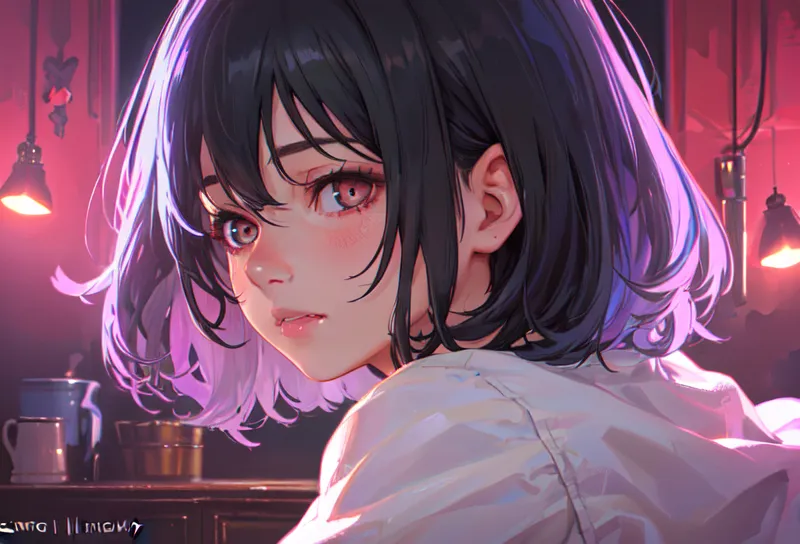 The image is a portrait of a young woman with short black hair and purple highlights. She is looking over her shoulder at the viewer with a slightly melancholy expression. She is wearing a white shirt and there are two small lamps with white shades in the background. The overall tone of the image is soft and romantic.