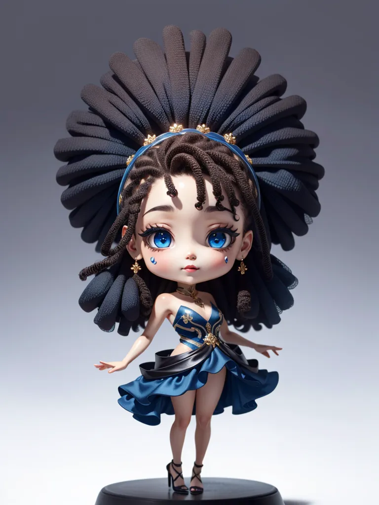 Cette image montre un rendu 3D d'un personnage féminin de style anime. Elle a les yeux bleus, les cheveux noirs et porte une tenue bleue et dorée. Elle porte également un grand et élaboré couvre-chef fait de plumes noires. Le personnage se tient sur une petite plateforme et est entouré d'un fond blanc.