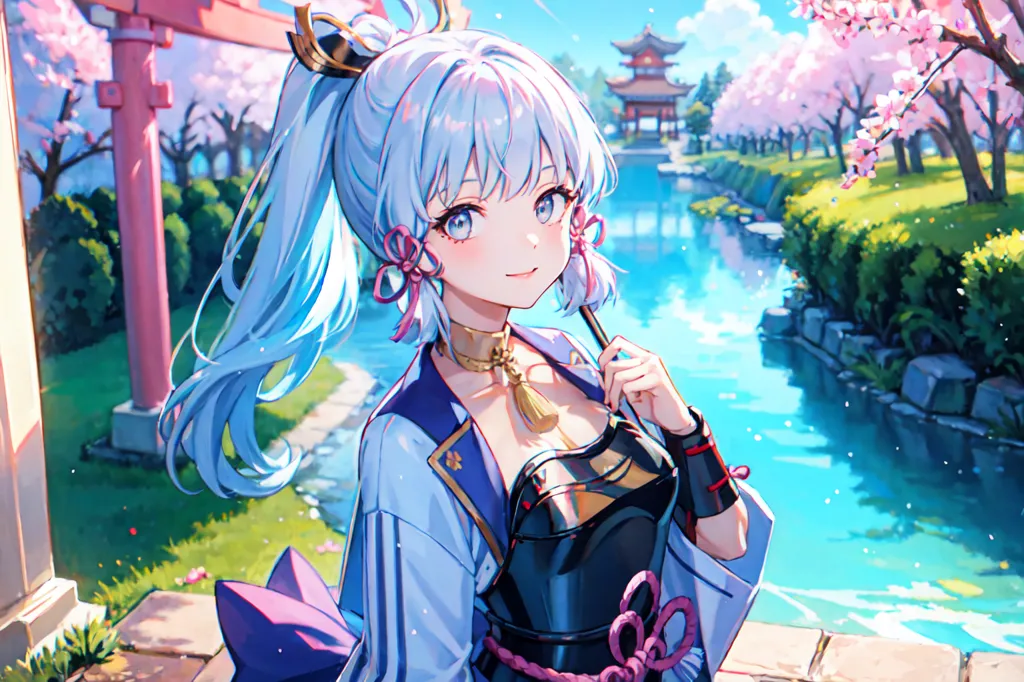 The image is of a young woman with long blue hair and blue eyes. She is wearing a blue and white kimono with a pink obi. She is standing in a garden with a river in the background. There are cherry blossoms on the trees in the garden. The woman is smiling and holding a fan in her hand.