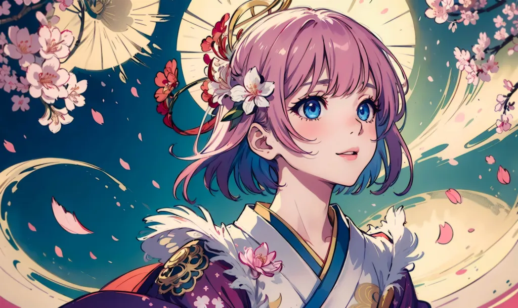 The image is a painting of a young woman in a kimono. She has pink hair and blue eyes, and is wearing a white and pink kimono with a floral pattern. There are cherry blossoms in her hair and around her, and she has a gentle smile on her face. The background is a pale blue with a white circle in the middle. The painting is done in a realistic style, and the woman's expression is both serene and happy.