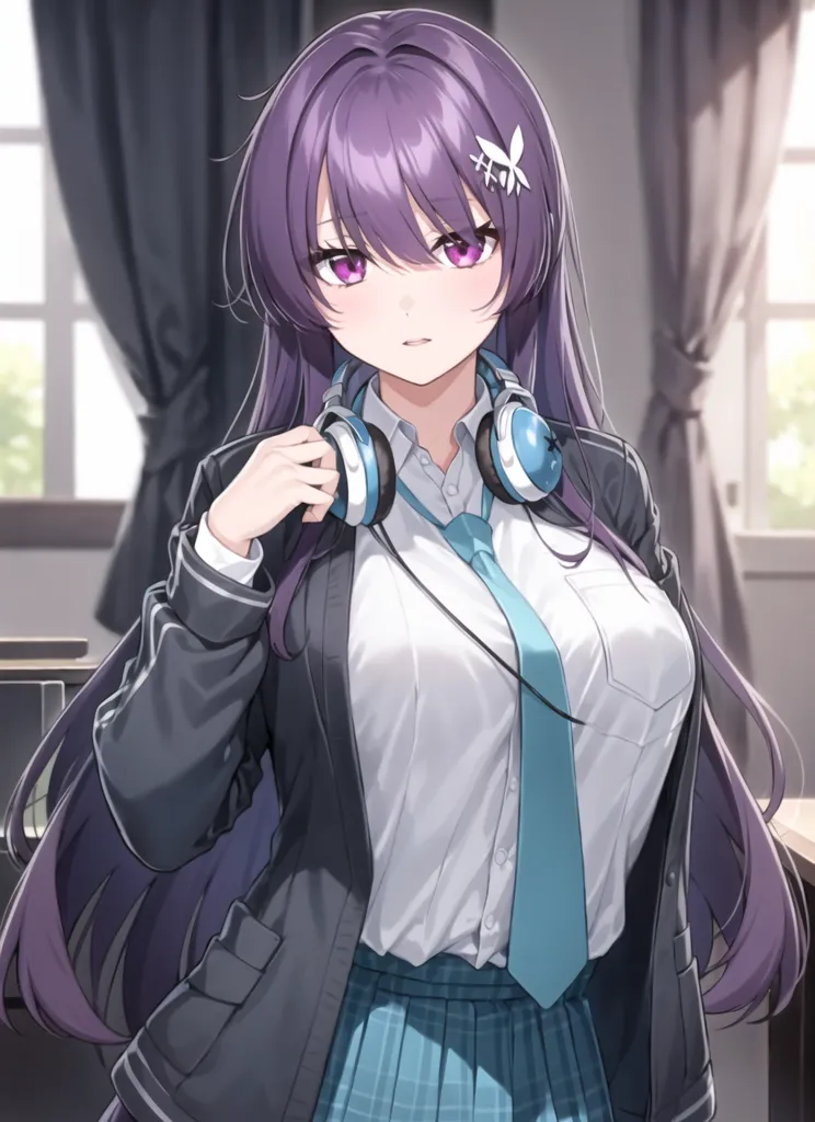 The image shows a young woman with purple hair and purple eyes. She is wearing a white shirt, a blue tie, and a gray blazer. She also has a pair of headphones around her neck. She is standing in a room with a window in the background.