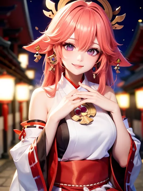 The image is of a young woman with pink hair and purple eyes. She is wearing a white and red kimono with a red obi. She has a friendly smile on her face and is looking at the viewer. She is standing in a street with paper lanterns in the background.