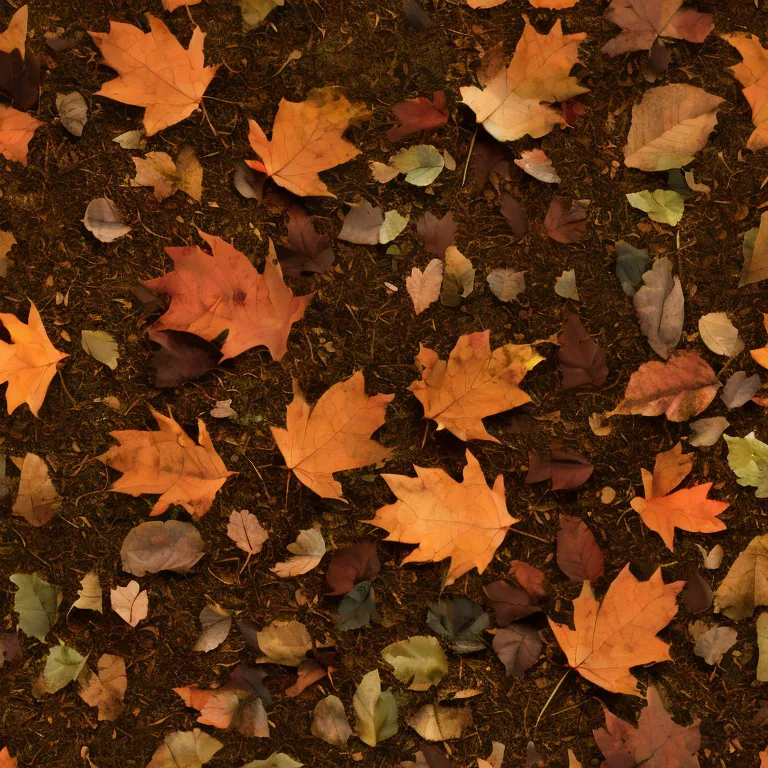 L'image montre une texture sans couture de feuilles tombées au sol. Les feuilles sont dans différentes nuances de brun, d'orange et de jaune, et elles sont éparpillées de manière aléatoire sur le sol. Il y a un arrière-plan brun foncé, qui représente le sol. Les feuilles sont de tailles et de formes différentes, et elles se chevauchent par endroits. La texture est très détaillée et semble très réaliste.