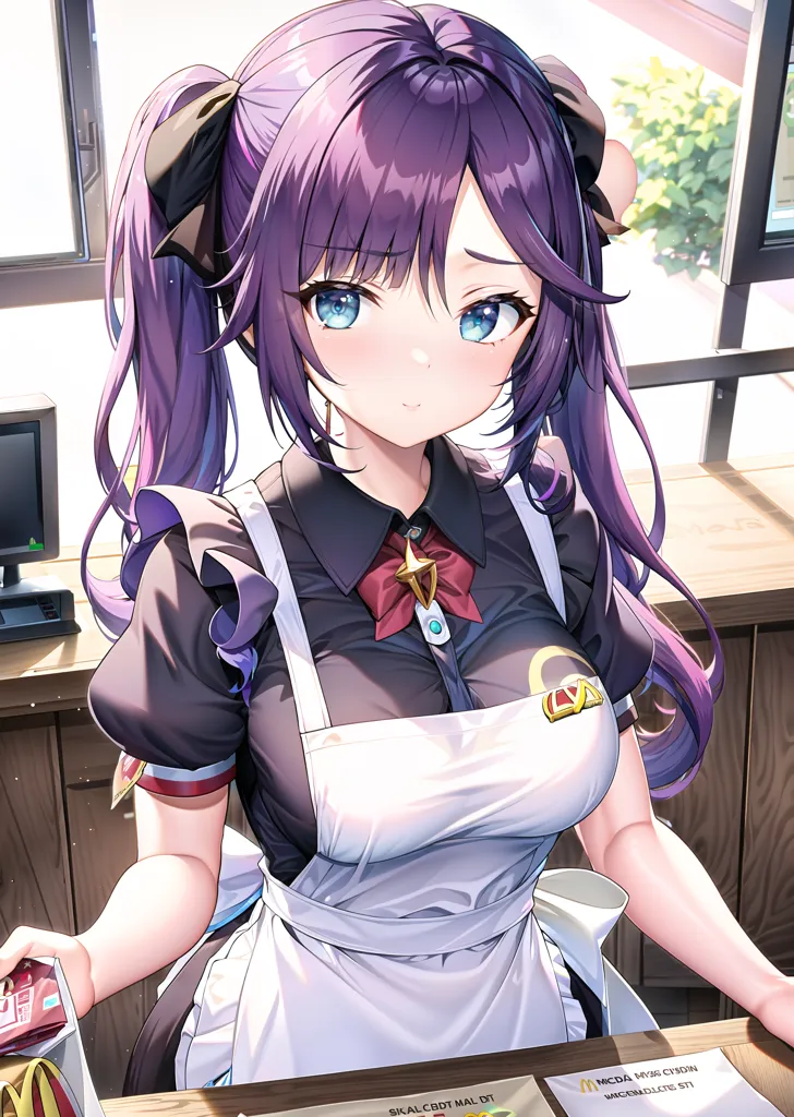 The image is of a young woman with purple hair and blue eyes. She is wearing a black and white maid outfit with a red bow tie. She is standing in a restaurant, and there is a menu on the table in front of her. She is looking at the camera with a slightly embarrassed expression on her face.