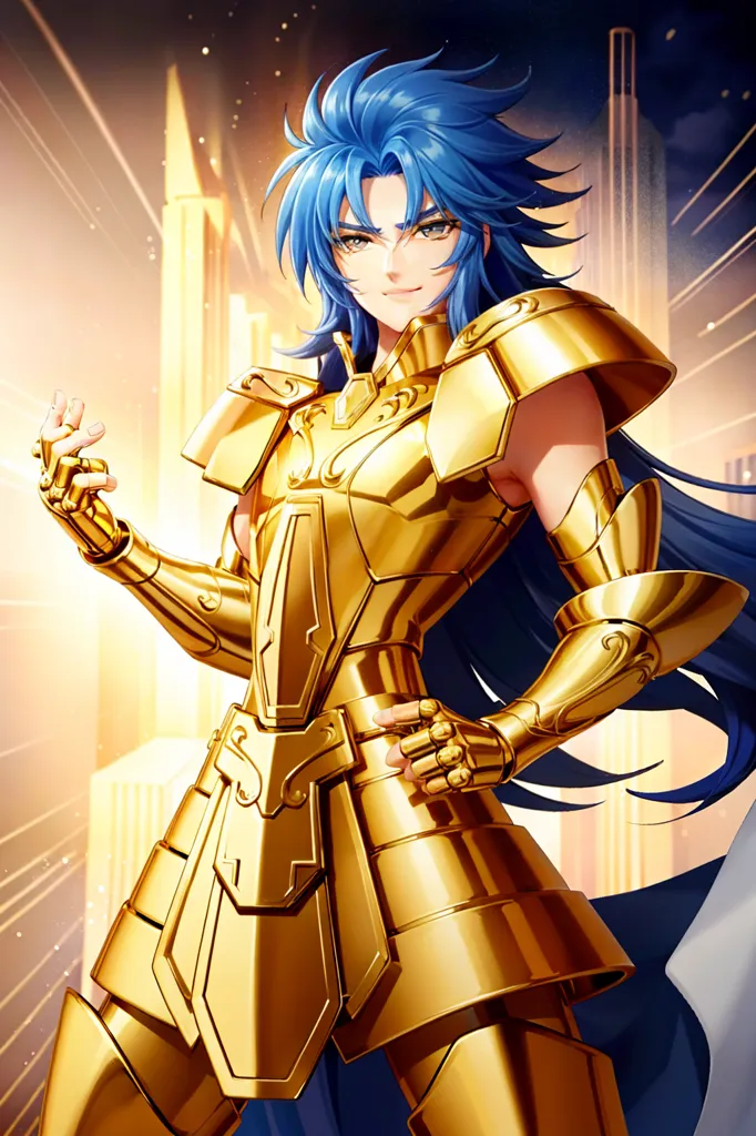 The image shows a young man with long blue hair and green eyes. He is wearing a golden armor and has a confident smile on his face. He is standing in a fighting stance, with one hand raised in the air and the other at his side. The background is a blur of light and dark colors.