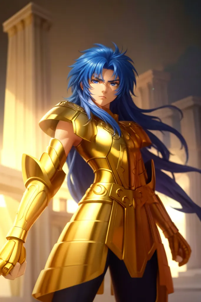 Esta es una ilustración de un personaje masculino de la serie de anime "Saint Seiya". Tiene el cabello azul largo y una armadura dorada. Está de pie en una posición de combate, con el puño izquierdo levantado y el derecho a un lado. Tiene una expresión decidida en su rostro. El fondo es un borrón de luz.