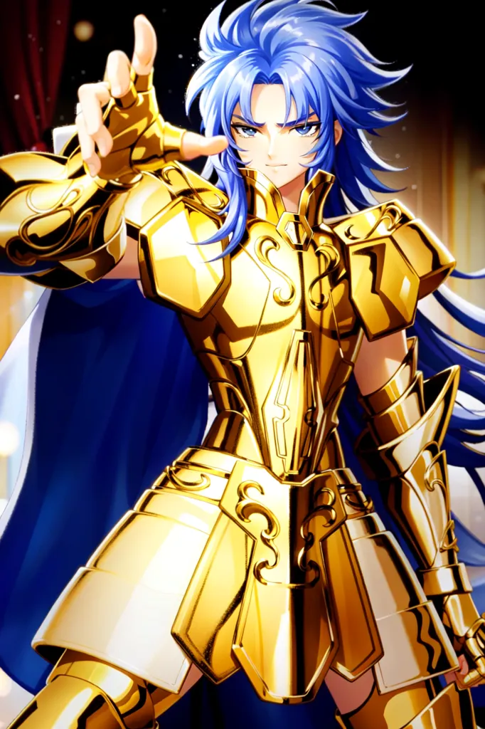 The image shows a young man with long blue hair wearing a golden armor. He is standing with his left hand raised, and his right hand pointing downward. He is wearing a blue cape, and there is a yellow cloth around his waist. The background is dark, with a spotlight shining down on him.