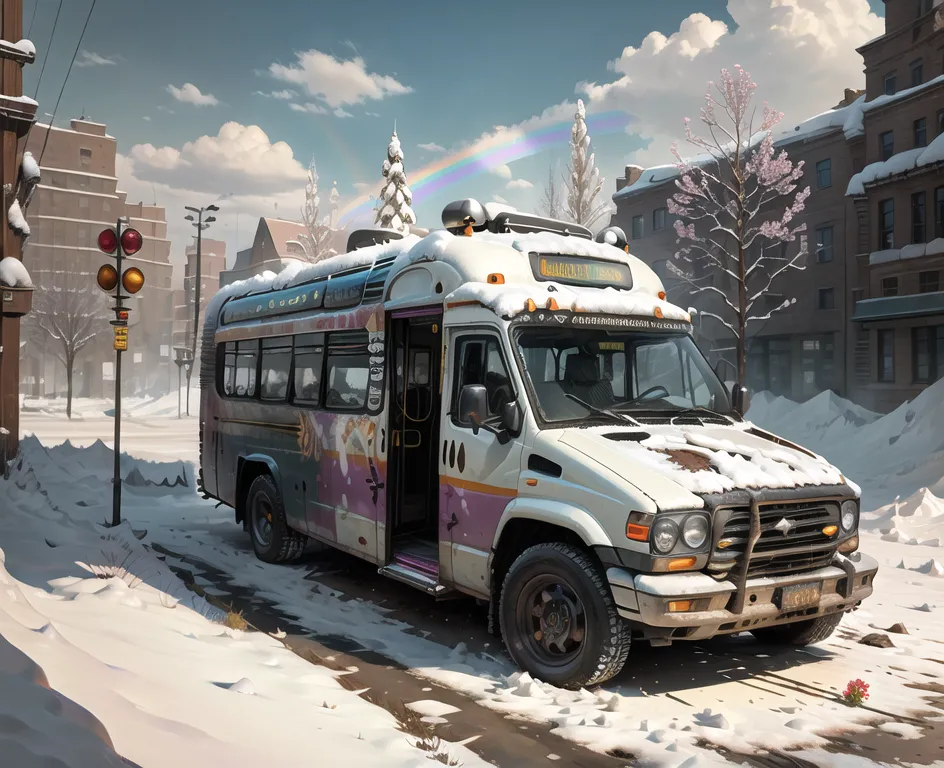 The image shows a post-apocalyptic city. The streets are covered in snow, and the buildings are abandoned and damaged. A lone bus sits in the middle of the street. The bus is old and rusty, and it looks like it has been abandoned for a long time. There is a rainbow in the distance.