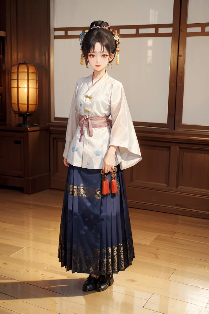 The image shows a young woman wearing a traditional Chinese outfit. The outfit is white and blue with intricate patterns. The woman's hair is up in a bun and she is wearing traditional Chinese makeup. She is standing in a room with a traditional Chinese interior. There is a lantern on the left side of the image and a wooden screen on the right side. The image is very detailed and captures the beauty of traditional Chinese culture.