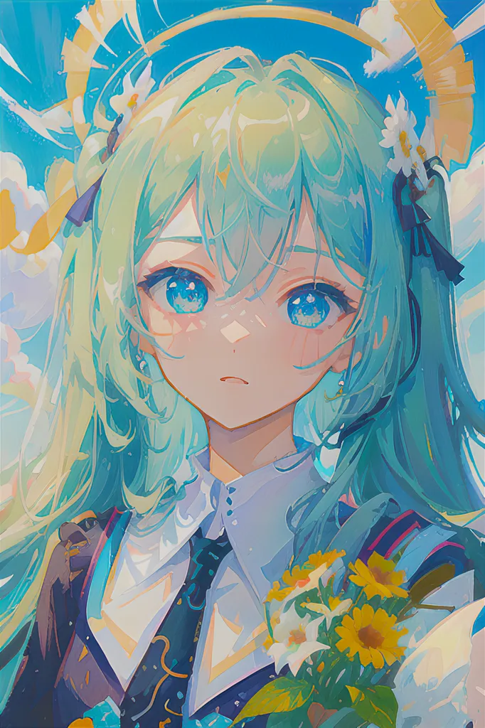 This is an illustration of a young woman with long, light green hair and blue eyes. She is wearing a white shirt and a black tie. There are yellow flowers in front of her. The background is a light blue sky with white clouds. The image has a soft, painterly style.