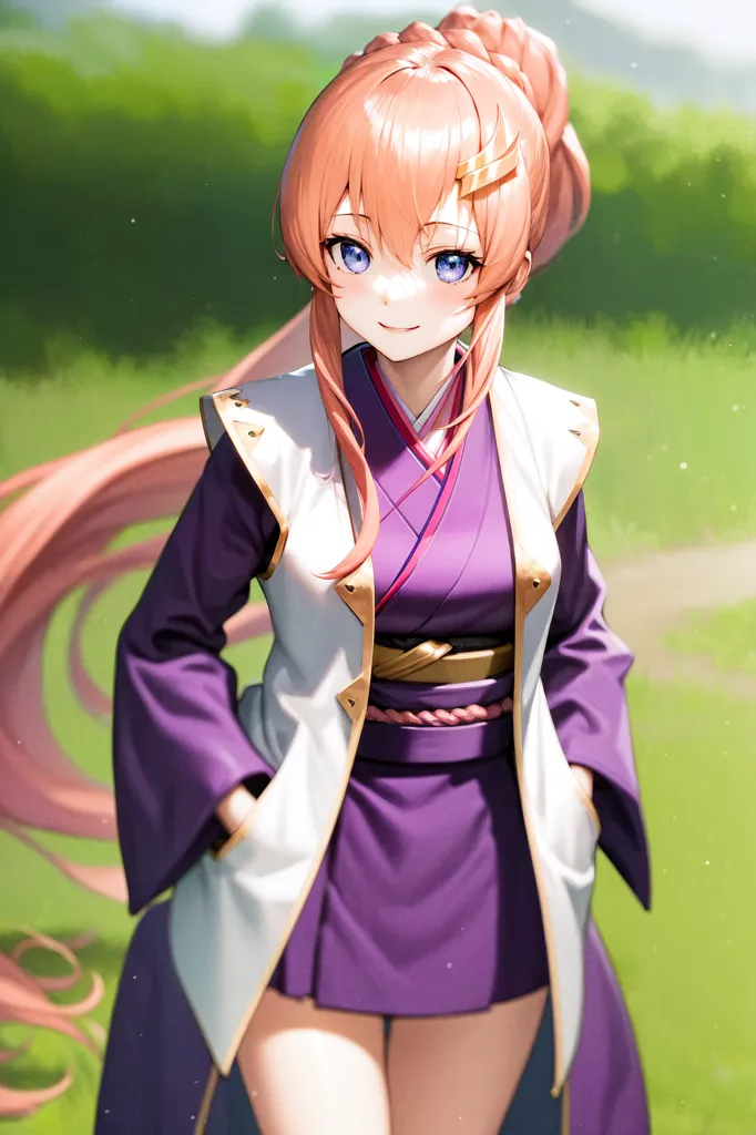 L'image montre une fille de style anime aux longs cheveux roses et aux yeux bleus. Elle porte un kimono violet avec un haori blanc et un obi rose. Elle a un sourire amical sur le visage et se tient dans un champ d'herbe verte.