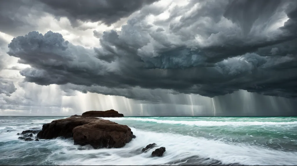 The image is a seascape. The sea is rough with big waves crashing on the rocky coast. The sky is dark and cloudy with a storm brewing. There is a large rock in the foreground of the image with smaller rocks to the left and right. The waves are crashing over the rocks and creating a lot of spray. The image is very dramatic and captures the power of the sea.