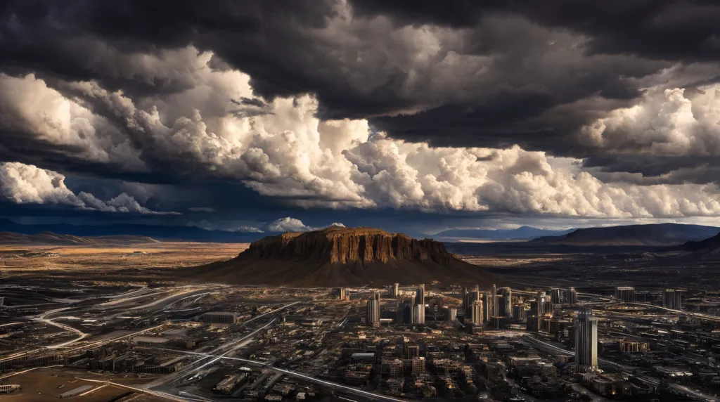 The image is a photo of a city taken from a high angle. The city appears to be located in a desert, as the surrounding area is barren and flat. There are a few mountains in the distance. The sky is cloudy and there is a storm approaching. The city is large and has many tall buildings. The roads are wide and there is a lot of traffic. The image is taken from a perspective that is slightly above the city, and the viewer can see the entire city.