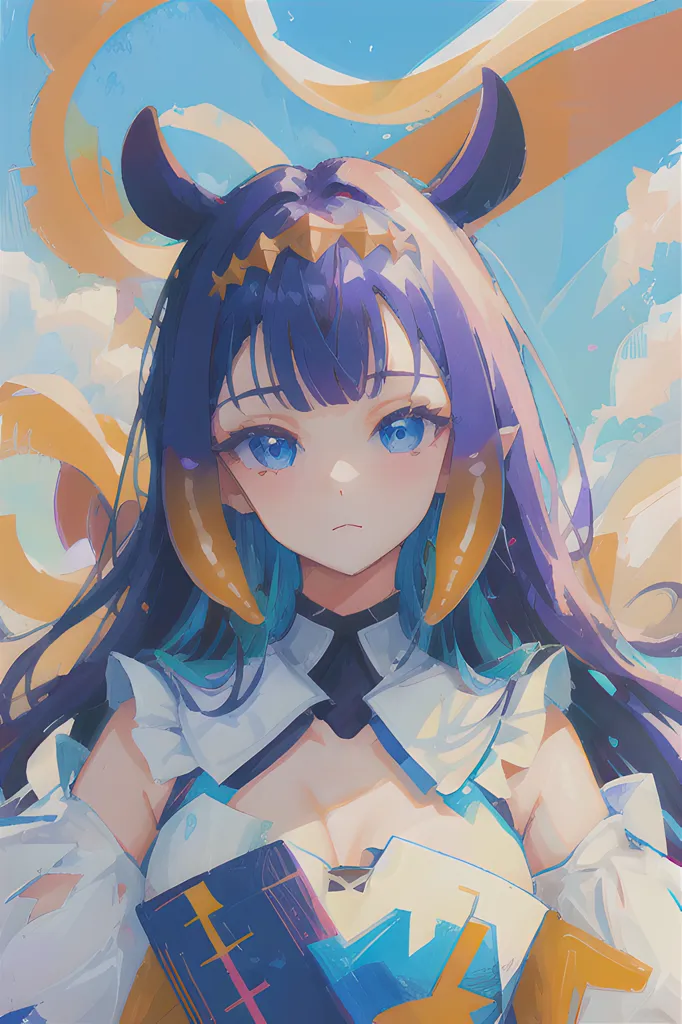 This is an illustration of a young woman with purple hair and blue eyes. She has two yellow horns on her head and is wearing a white and blue dress. She is standing in front of a blue background with a white cloud pattern.