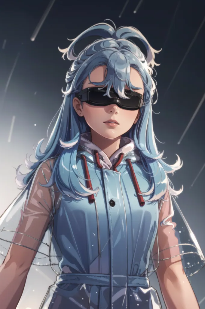 The image is of a young woman with blue hair and blue eyes. She is wearing a blue and white jacket and a clear raincoat. She is also wearing a pair of black goggles. She is standing in the rain, and the raindrops are falling around her. The background is dark, and the only light comes from the rain. The woman's expression is one of determination and focus. She seems to be focused on something in the distance. The image is a beautiful and evocative portrait of a young woman caught in a moment of transition. It is a moment of both vulnerability and strength, and it is a reminder that even in the darkest of times, there is always hope.