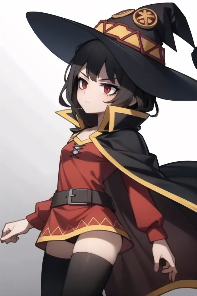 The image is of a young girl with long black hair and red eyes. She is wearing a red and white dress with a black belt and a large black hat with a red band around it. She is also wearing black stockings and brown boots. She has a serious expression on her face and is looking at the viewer with her left hand on her hip and her right hand extended out in front of her. She is standing in front of a white background.