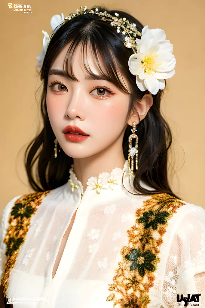 The image shows a young woman with long black hair and bangs. She is wearing a white and gold embroidered dress with a high collar. There are several white and yellow flowers in her hair and she is wearing long gold earrings. Her makeup is natural with a glossy pink lip.