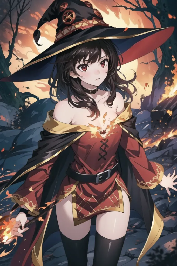 The image is of a young woman with long brown hair and red eyes. She is wearing a red and black witch's hat and a red and black dress. She is also wearing a brown belt and a necklace with a red gem in the center. She is standing in a dark forest, and there is a fire burning behind her.